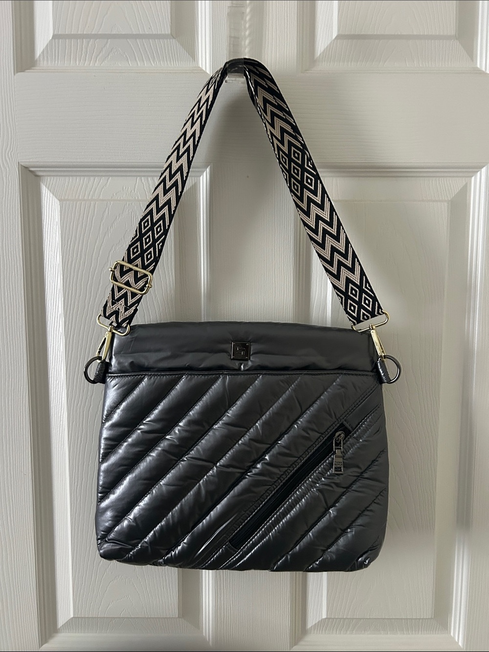THINK ROYLN Black Quilted Shoulder Bag with Patterned Strap
